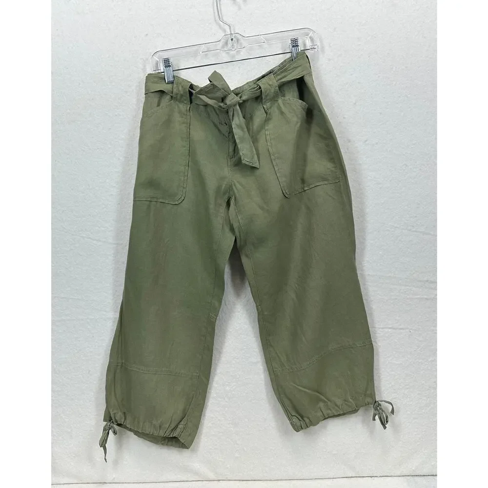 Banana Republic Cropped 100% Linen Pants Satin Waistband & Ankle Ties. Size 8P
